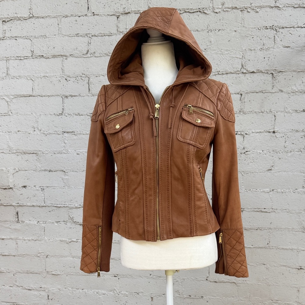 MICHAEL Michael Kors Leather Jacket Camel Brown Quilted Size Petite M - Picture 4 of 16